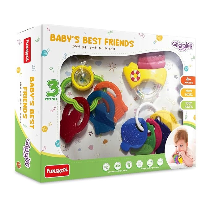 Giggles - Baby's Best Friend, Ideal Gift pack for Infants , 3 pcs set, Teethers and Rattles, Multi-colour Baby toy Gift set for New Born, 4 months and above